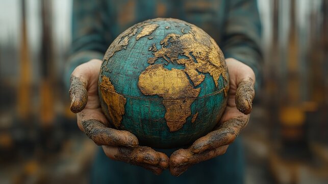 Hands holding a globe covered in oil and smog, representing the global environmental impact of fossil fuels., photorealistic