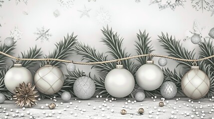 Elegant silver and white christmas ornaments with evergreen branches and snowflakes.