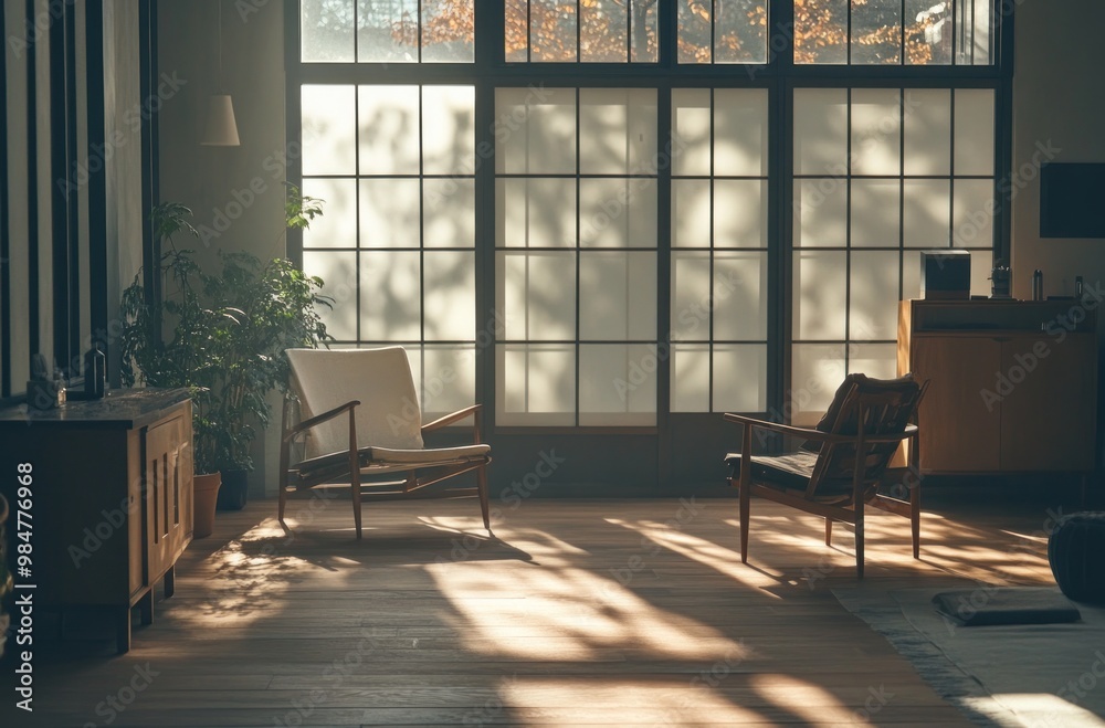 Sticker Sunlight Streaming Through Large Window in Modern Living Room