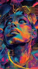 A colorful painting of a woman's face with a black nose and a red mouth