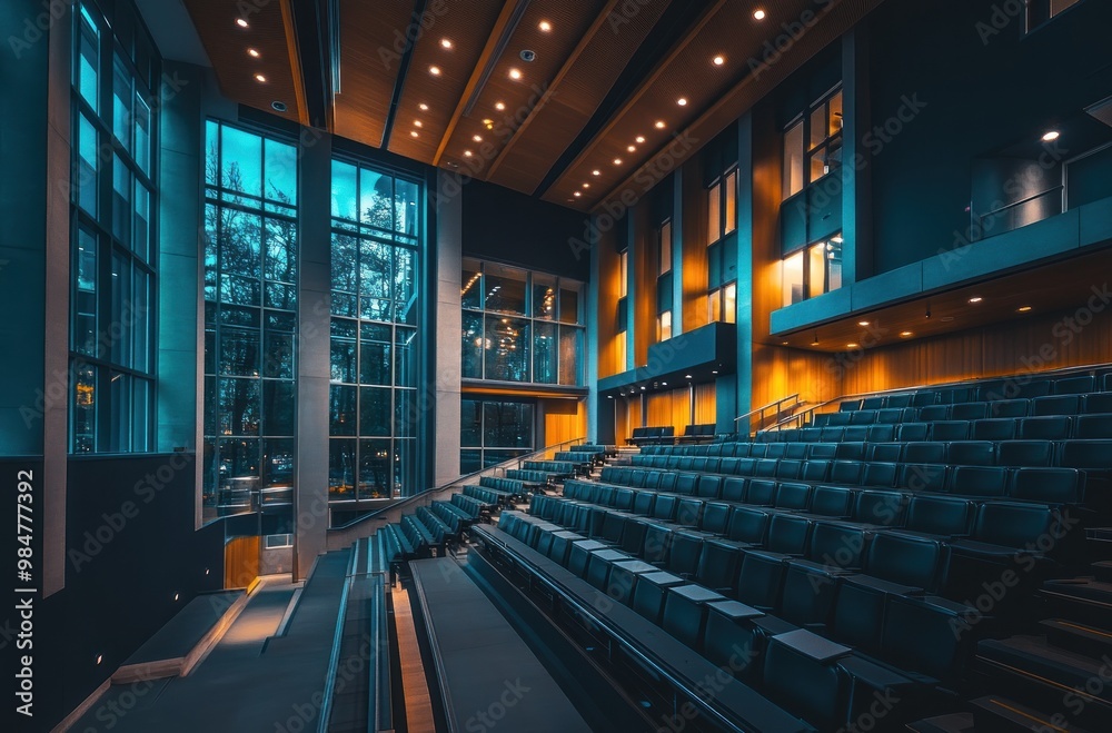 Wall mural Modern Auditorium Interior with Blue Seats and Large Windows