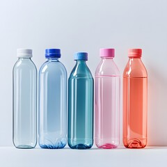 A colorful array of plastic water bottles in various shades, showcasing modern design and sustainable packaging.