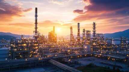 Fototapeta premium A stunning industrial landscape at sunset, showcasing a bustling refinery with illuminated towers and pipelines.