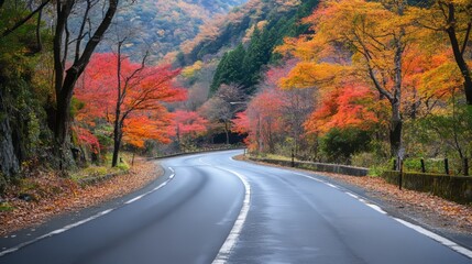 Fototapeta premium Autumnal Majesty: Vibrant Foliage and Mountain Road Scenery in Japan