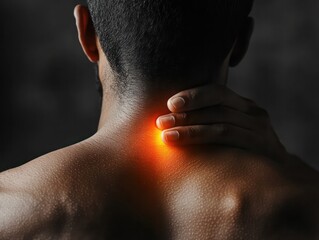 Neck pain with shoulder tension, a person massaging their neck and shoulders, tension visibly spreading through muscles