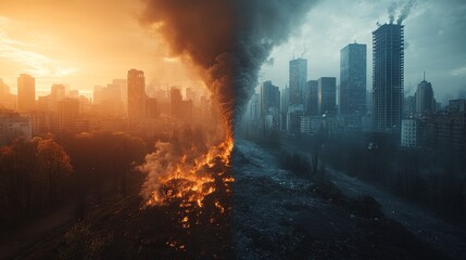 Obraz premium A city with one half covered in smog and pollution, and the other half clear with renewable energy sources, illustrating the choice between paths, photorealistic