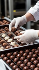 A chocolate factory worker's hands in white gloves placing chocolate truffles into black boxes, with chocolate bonbons in the background