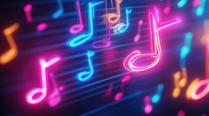 Neon music symbols glowing vibrantly against a dark backdrop, adding a futuristic and energetic vibe.