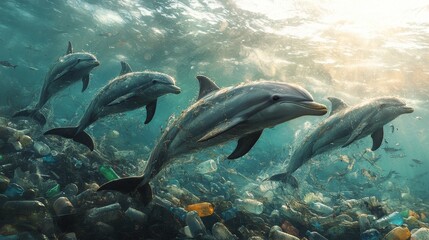 Fototapeta premium Dolphins swimming through plastic bottles and fishing nets, symbolizing human interference with marine ecosystems, photorealistic