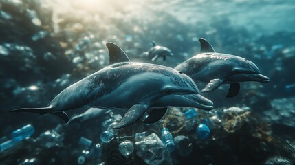 Dolphins swimming through plastic bottles and fishing nets, symbolizing human interference with marine ecosystems, photorealistic