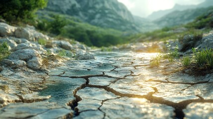 A cracked, dried riverbed with once thriving ecosystems reduced to desolation, symbolizing the environmental cost of water mismanagement, photorealistic