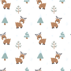 Fototapeta premium Seamless vector pattern with cute Christmas deer and pine trees. Ideal for textiles, wallpaper or print design. Winter pattern with forest animals.