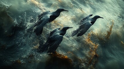 Obraz premium Seabirds circling a patch of the ocean covered in oil, visualizing the devastating effects of oil spills on marine life, photorealistic