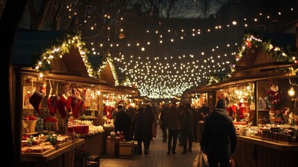 A bustling Christmas market lit by glowing string lights, with wooden stalls selling ornaments and festive treats.