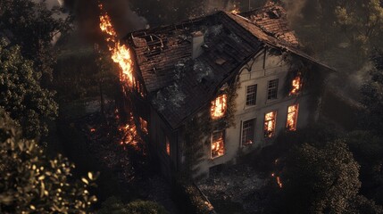 Fototapeta premium A dramatic scene of a historic building engulfed in flames amidst dense foliage, showcasing the destruction of fire.
