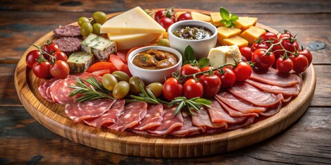 Rustic Elegance Feast Artisanal Meats and Cheeses on Wooden Platter, Festive Indulgence, for Catering, Food Blogs - Symmetrical Composition with Vibrant Colors and Textures