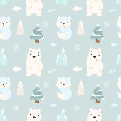 Simple seamless trendy pattern with polar animal - fox, and bear, snow-capped mountains and fir trees. Flat design in cartoon style for wallpaper, fabric, paper and other.