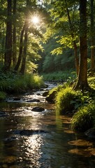 A tranquil stream flowing through a sunlit, lush forest.