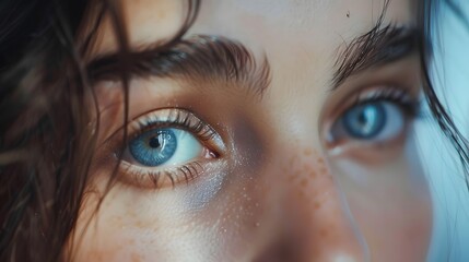 Fototapeta premium Close-up of a captivating blue-eyed person with soft skin and natural freckles, showcasing beauty and emotion.
