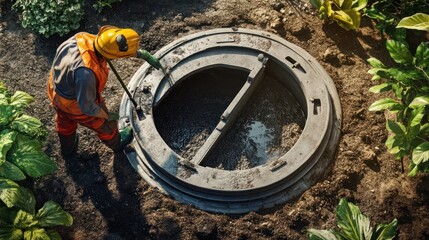 Obraz premium A Hispanic male construction worker in safety gear inspects a manhole in a garden setting.