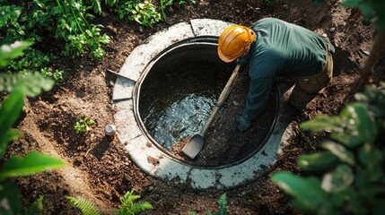 A male worker, wearing a helmet and gloves, digs into a manhole in a lush green setting.