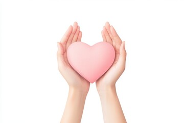 Fototapeta premium Hands holding a pink heart symbolizing love, care, and compassion against a clean white background.