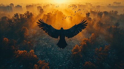 A lone bird flying over an expansive landfill, symbolizing the fight for survival amidst human waste, top view