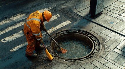 A male construction worker in an orange uniform and helmet clears a manhole on a city street.