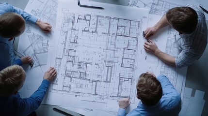 Group of diverse architects collaborating over blueprints for a new building project.