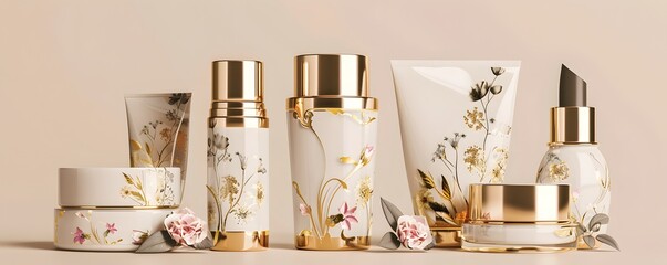 Elegant collection of floral beauty products with gold accents, perfect for cosmetics and skincare marketing.