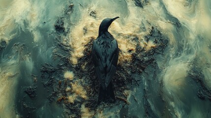 Seabirds circling a patch of the ocean covered in oil, visualizing the devastating effects of oil spills on marine life, top view