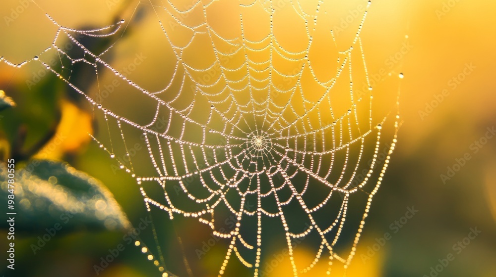 Poster an insect eye view of a spider web glistening with morning dew, with the intricate design and drople