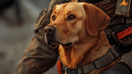 Obraz premium A focused golden Labrador retriever sits beside a rugged soldier, exuding loyalty and bravery.