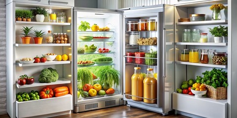 Sleek Stainless Steel Refrigerator Filled with Fresh Produce in Modern Kitchen Setting, Healthy Lifestyle Concept