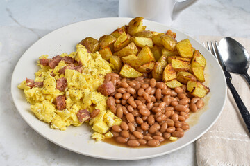 scramble eggs top with spam  and pepper with baked beans
