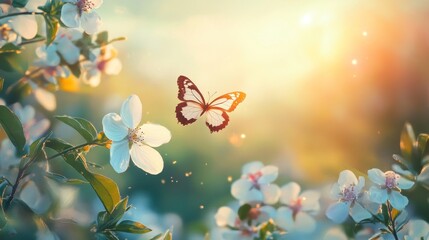 A delicate butterfly flutters among blooming white flowers, illuminated by warm golden sunlight.