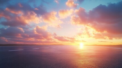 Obraz premium A stunning sunset casts a warm glow over a serene wet road, creating a picturesque landscape with vibrant colors and soft clouds.