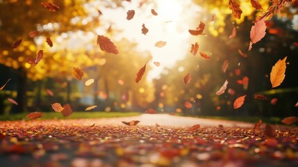 Autumn leaves gracefully dancing in the sunlit path, capturing the essence of fall's vibrant colors.
