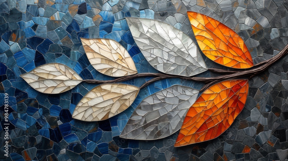 Wall mural Intricate stained glass artwork featuring a leaf design with vibrant blue and orange colors, creating a striking contrast and texture.
