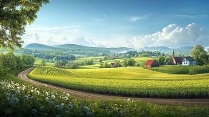 Obraz premium A serene countryside landscape featuring rolling green hills and a winding dirt road amidst a vibrant field.