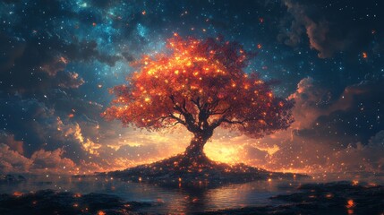 A glowing tree with multicolored leaves floating in a starry sky, symbolizing the limitless imagination, solid background