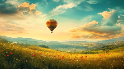 Fototapeta premium A vibrant hot air balloon floats over a colorful flower-filled meadow during sunset.