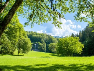 Obraz premium Lush green valley with cascading waterfall under a bright blue sky in the heart of nature