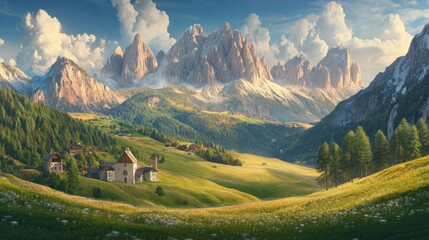Fototapeta premium A breathtaking view of majestic mountains surrounding a serene village under a clear blue sky.
