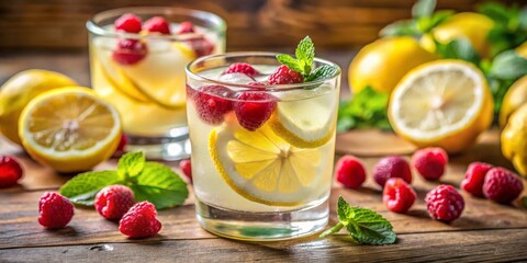 Summery Refreshment Vibrant Lemonade Close-Up with Raspberries and Mint on Wooden Surface, Refreshing Yellow and Red Tones, Fresh and Invigorating Mood for Healthy Living and