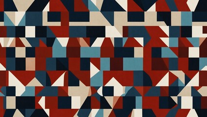 Abstract seamless background with geometric shapes in red, blue, and white.
