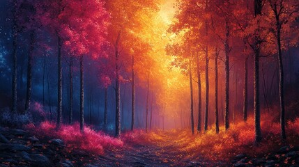 A dreamlike forest with trees glowing in bright neon hues, symbolizing a surreal journey through imagination, solid background