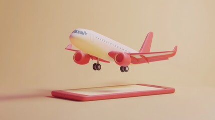 Fototapeta premium A red and white toy airplane taking off from a red smartphone on a pale orange background.