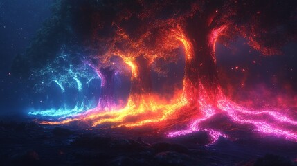 A dreamlike forest of glowing neon trees with rainbow roots, symbolizing the fusion of nature and imagination, solid background