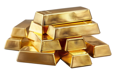 Stack of high value golden bar ingots on transparent background, financial gold stock and global market isolated on business market. PNG